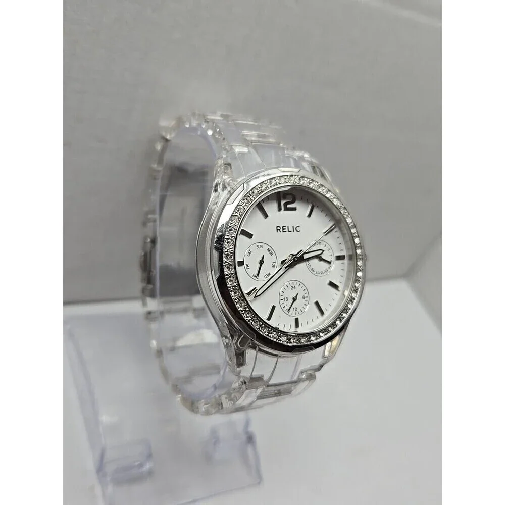 Relic Watch Women 38mm Pave Silver Tone White MOP Dial ZR11904 New Battery